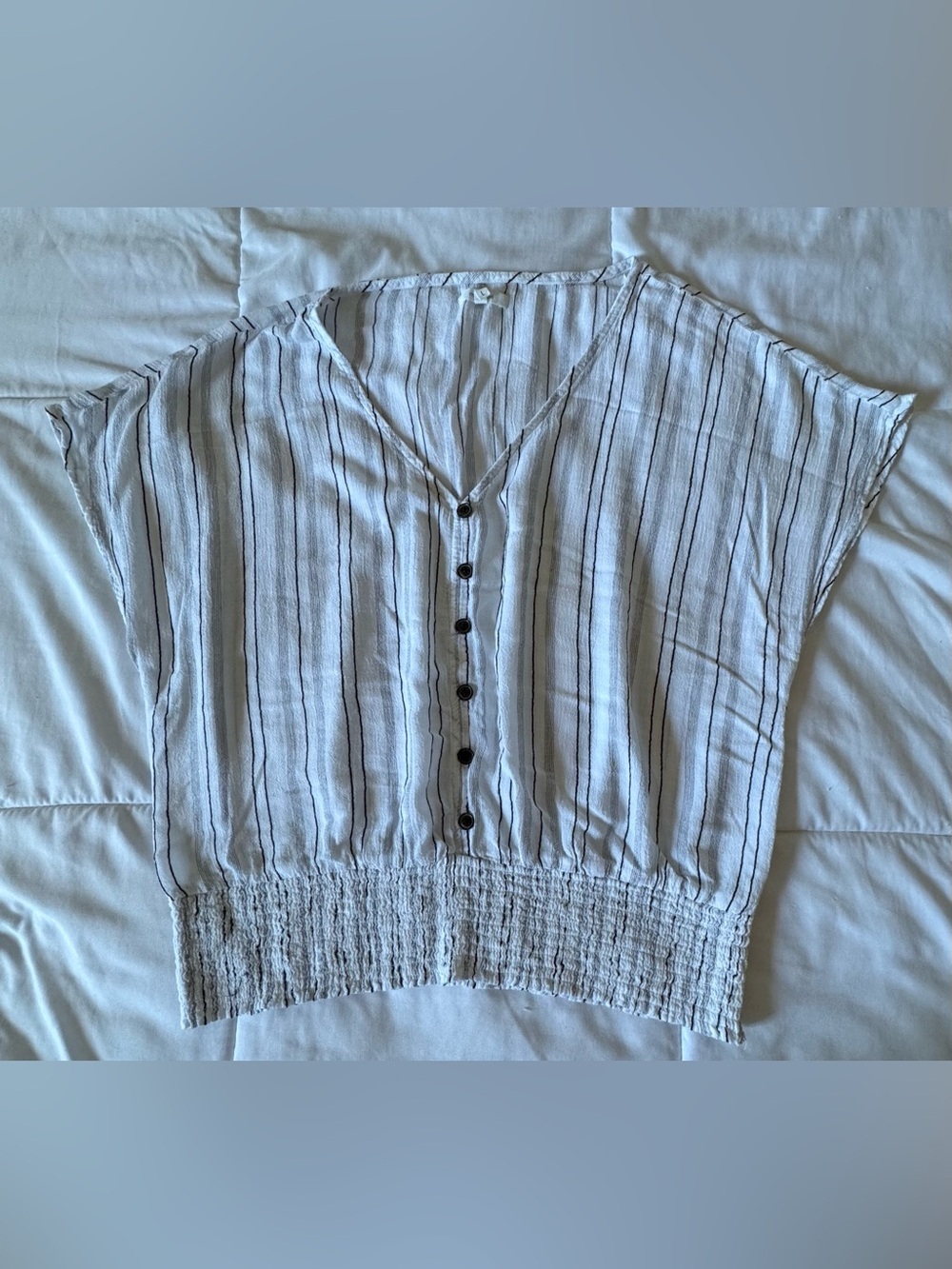 Maurices White and Gray Striped Button-Front V-Neck Blouse - Picture 6 of 8